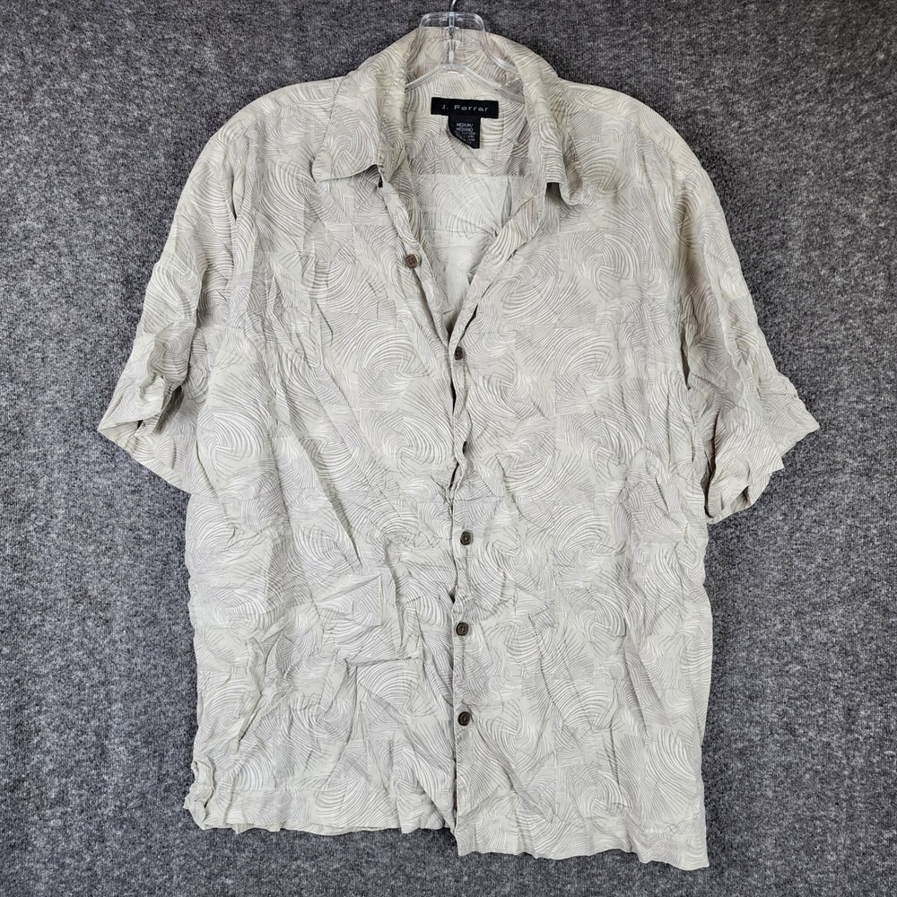 J. Ferrar Silk Button Down Shirt Mens Medium Cream Abstract Swirl Short Sleeve